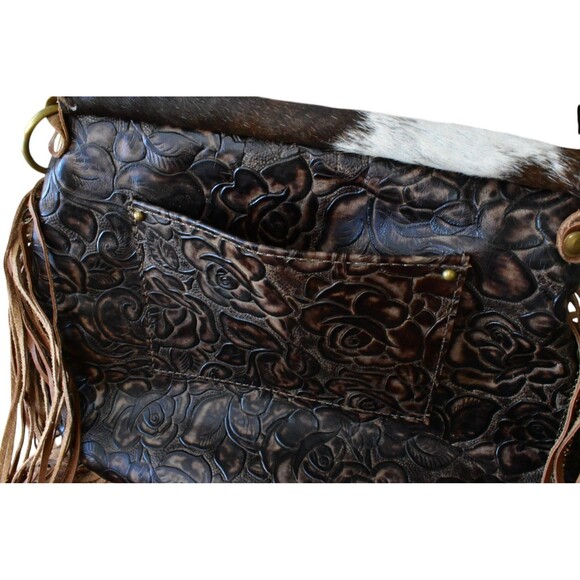 L3 Designs Custom Cowhide Crossbody Fringed Bag Leather Brown White Western - Picture 4 of 15